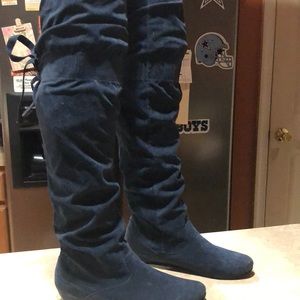 Over the knee navy blue flat boots